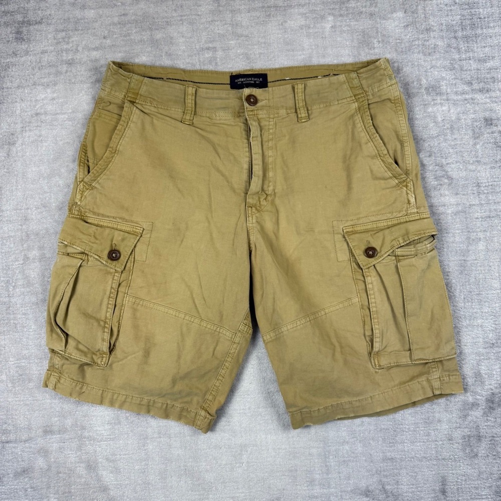 American Eagle Shorts Mens 34 Khaki Tan Stretch Longer Length Cargo Utility Y2K